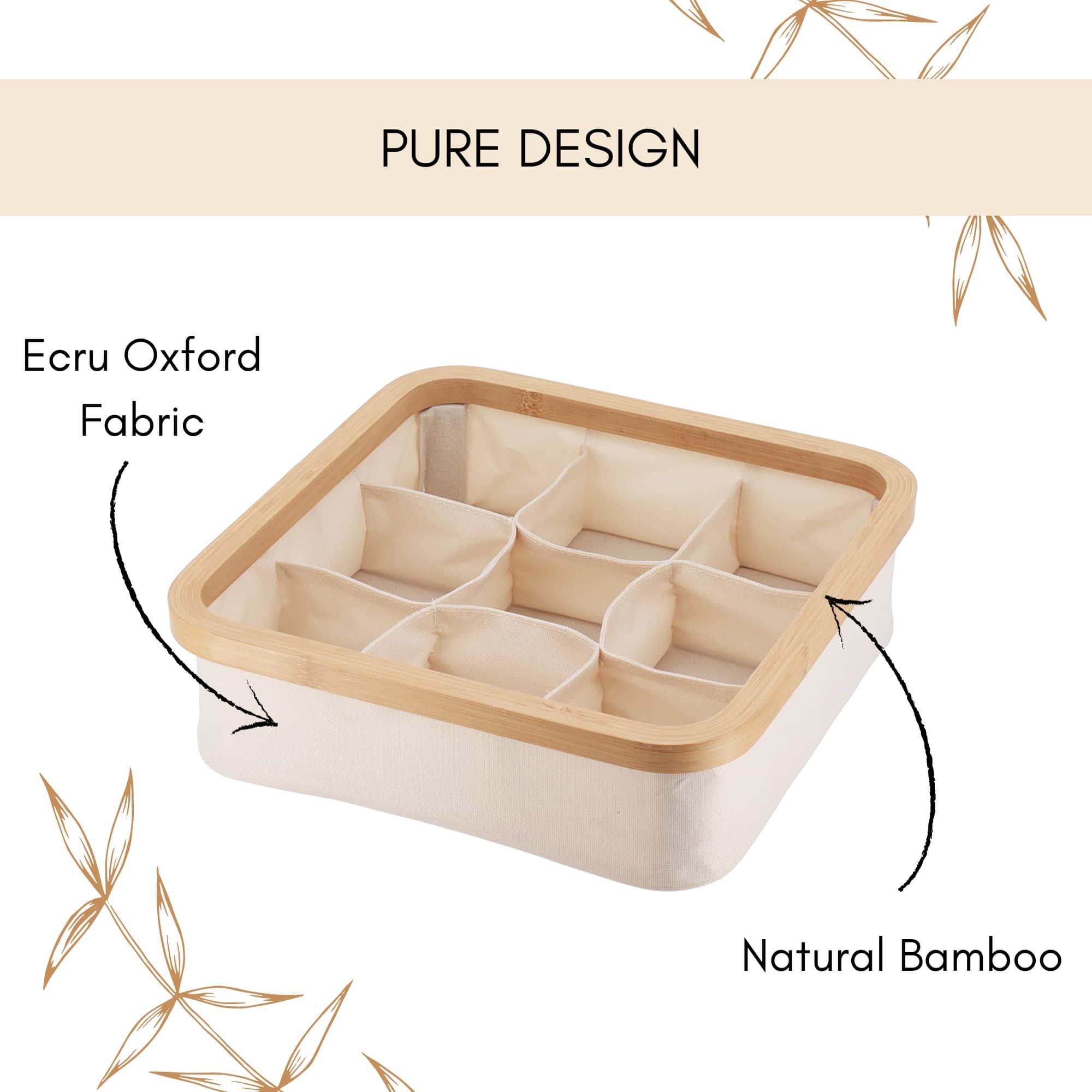Image 4: Product infographic highlighting the basket's ecru Oxford fabric body and natural bamboo rim construction.