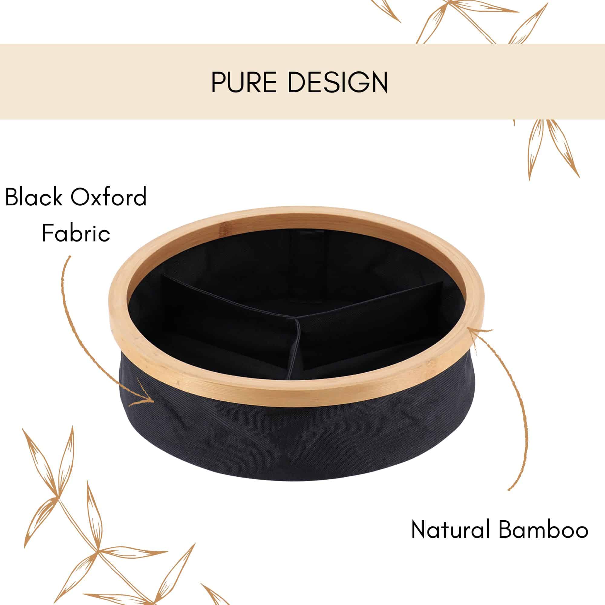 Image 5: Product infographic highlighting the basket's black Oxford fabric body and natural bamboo rim construction.
