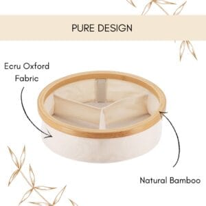 Image 6: Product infographic highlighting the basket's ecru Oxford fabric body and natural bamboo rim construction.