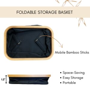 Top-down and side-view infographic of the foldable storage basket, showing mobile bamboo sticks and collapsed 1.2" flat profile.