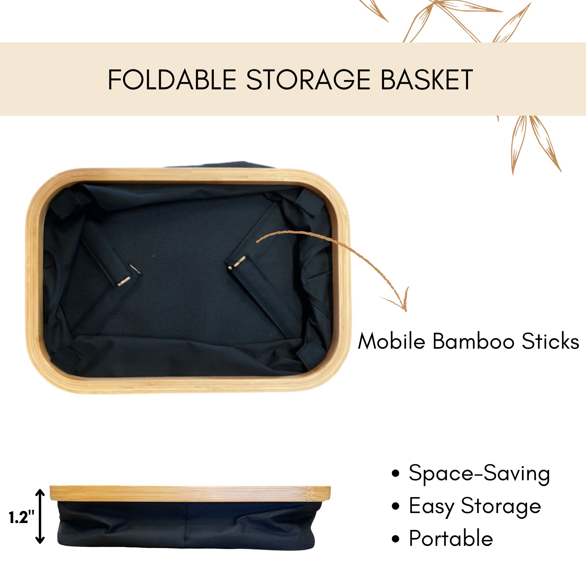 Top-down and side-view infographic of the foldable storage basket, showing mobile bamboo sticks and collapsed 1.2" flat profile.