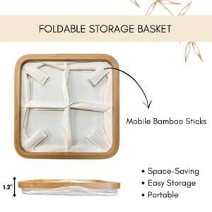 Top-down and side-view infographic of the foldable ecru square storage basket, showing mobile bamboo sticks and collapsed 1.2" flat profile.