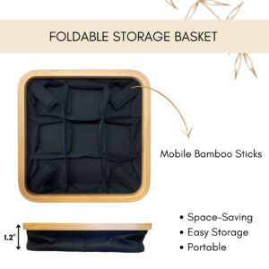 Image 6: Top-down and side-view infographic of the foldable black 9-compartment storage basket, showing mobile bamboo sticks and collapsed 1.2" flat profile.