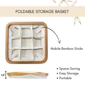 Image 5: Top-down and side-view infographic of the foldable ecru 9-compartment storage basket, showing mobile bamboo sticks and collapsed 1.2" flat profile.