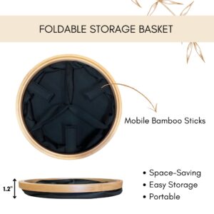 Image 6: Top-down and side-view infographic of the foldable round black storage basket, showing mobile bamboo sticks and collapsed 1.2" flat profile.