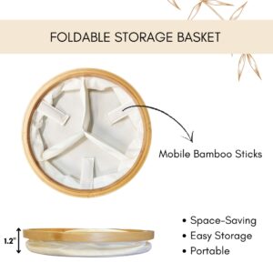 Image 7: Top-down and side-view infographic of the foldable round ecru storage basket, showing mobile bamboo sticks and collapsed 1.2" flat profile.
