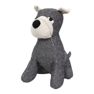 Charcoal dog door stopper, black and white herringbone tweed, seated schnauzer-style dog with a cream muzzle, cream floppy ears, black nose, and black eyes. White background.
