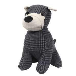 Charcoal dog door stopper, gray plaid tartan fabric, seated schnauzer-style dog with a cream linen muzzle, cream floppy ears, black nose, and black eyes. White background.