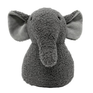 Grey elephant door stopper, gray bouclé sherpa fabric, rounded elephant shape with large ears lined in smooth gray, a trunk, and small eyes. White background.