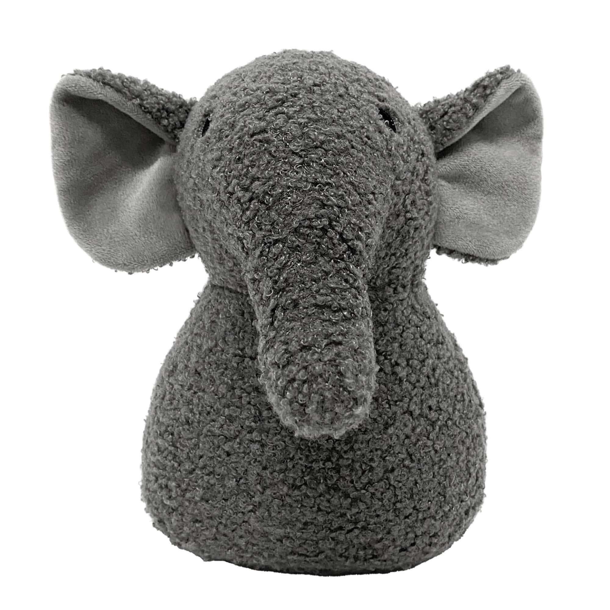 Grey elephant door stopper, gray bouclé sherpa fabric, rounded elephant shape with large ears lined in smooth gray, a trunk, and small eyes. White background.