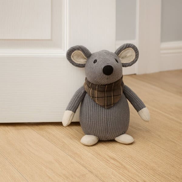 Grey mouse door stopper propping open a white paneled door on hardwood floor.