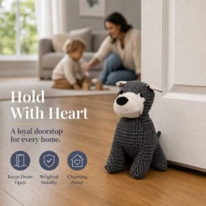 Charcoal plaid dog door stopper propping open a white door on hardwood floor, with a mother and toddler playing in the background. On-image text: "Hold With Heart," "A loyal doorstop for every home," "Keeps Doors Open," "Weighted Stability," "Charming Décor."
