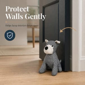 Charcoal dog door stopper holding open a dark door on hardwood floor, with a shield icon and an arrow. On-image text: "Protect Walls Gently," "Helps keep interior doors open."