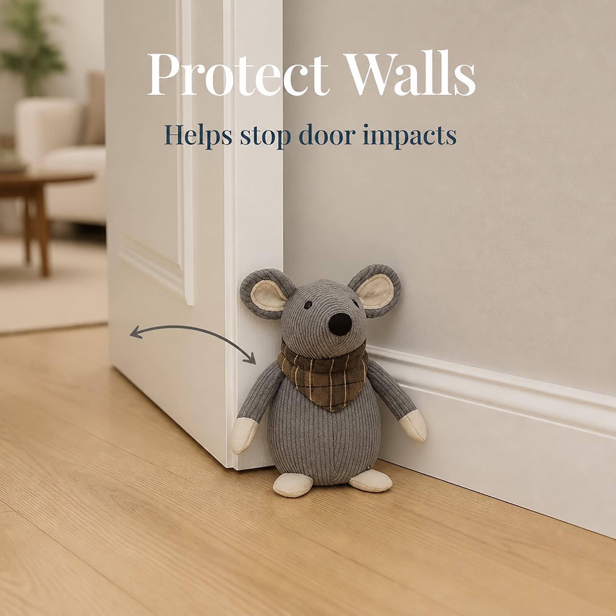 Grey mouse door stopper holding open a white door on hardwood floor, with an arrow. On-image text: "Protect Walls," "Helps stop door impacts."