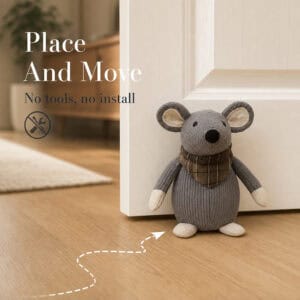 Grey mouse door stopper propping open a white door on hardwood floor, with a crossed-out tools icon and a dashed path. On-image text: "Place And Move," "No tools, no install."