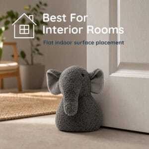 Grey elephant door stopper propping open a white door, chair and plant in the background, with a house icon. On-image text: "Best For Interior Rooms," "Flat indoor surface placement."