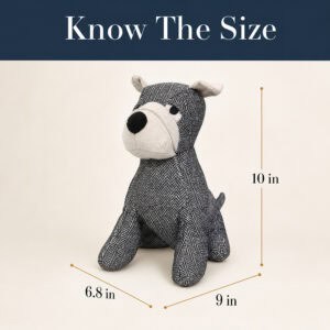Charcoal dog door stopper on a cream background with measurement callouts. On-image text: "Know The Size," "10 in," "9 in," "6.8 in."