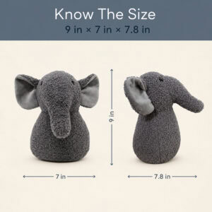 Grey elephant door stopper shown in front and side views with measurement callouts. On-image text: "Know The Size," "9 in × 7 in × 7.8 in," "9 in," "7 in," "7.8 in."