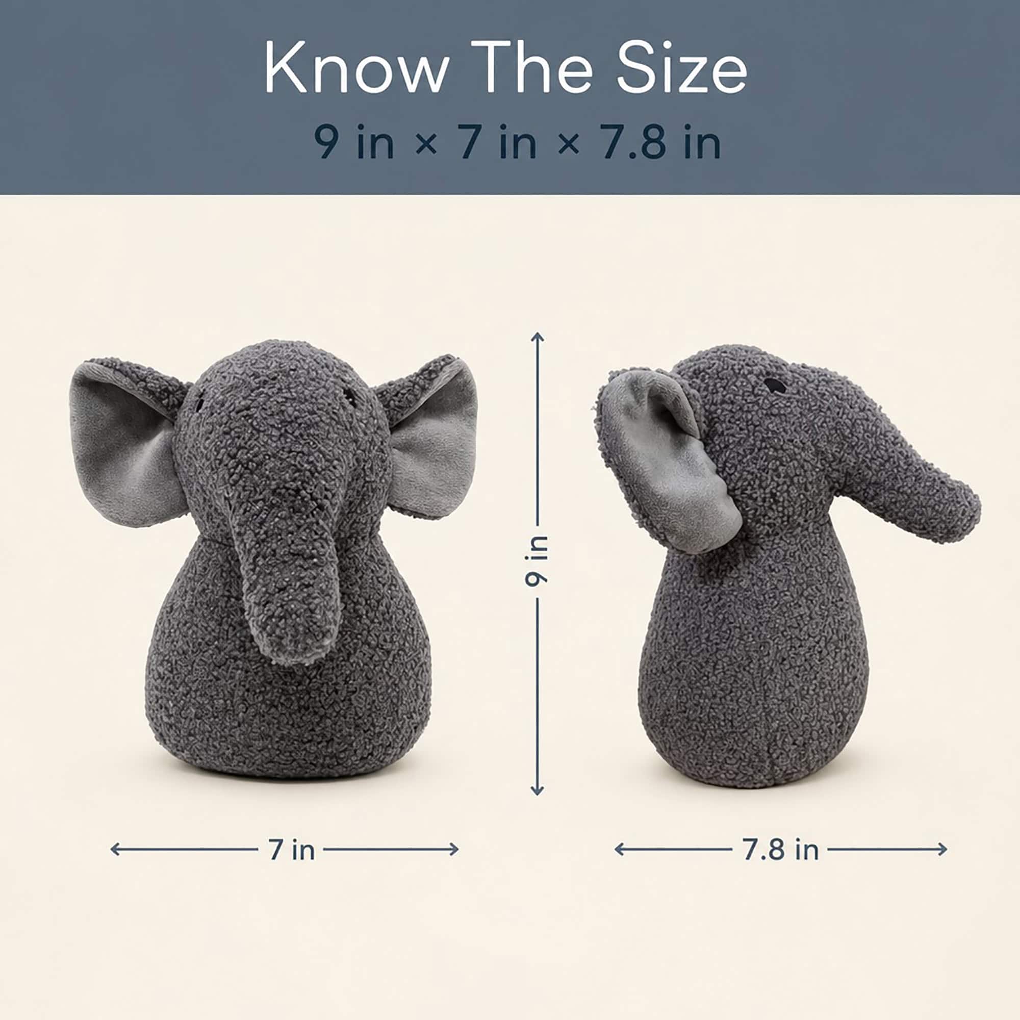 Grey elephant door stopper shown in front and side views with measurement callouts. On-image text: "Know The Size," "9 in × 7 in × 7.8 in," "9 in," "7 in," "7.8 in."