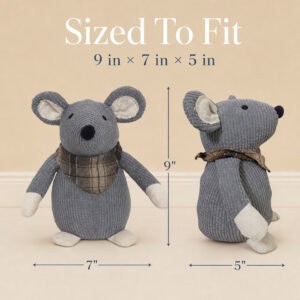 Grey mouse door stopper shown in front and side views with measurement callouts. On-image text: "Sized To Fit," "9 in × 7 in × 5 in," "9"," "7"," "5"."