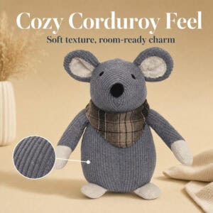 Grey mouse door stopper on a tan background with a magnified circle showing the ribbed corduroy. On-image text: "Cozy Corduroy Feel," "Soft texture, room-ready charm."
