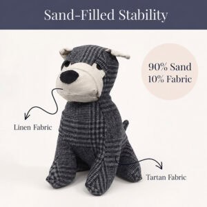 Charcoal plaid dog door stopper on a cream background with labels pointing to the muzzle and body, plus a callout circle. On-image text: "Sand-Filled Stability," "90% Sand 10% Fabric," "Linen Fabric," "Tartan Fabric."
