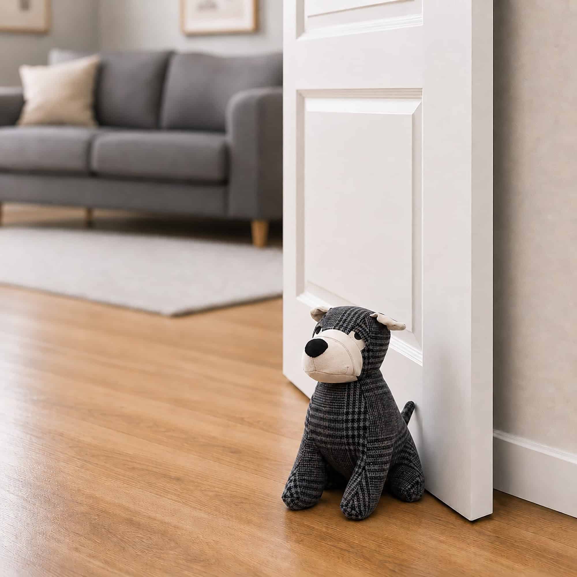 Charcoal plaid dog door stopper propping open a white paneled door, gray sofa and rug in the background.
