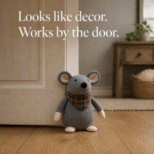 Grey mouse door stopper propping open a wood door, wooden sideboard and plant in the background. On-image text: "Looks like decor. Works by the door."