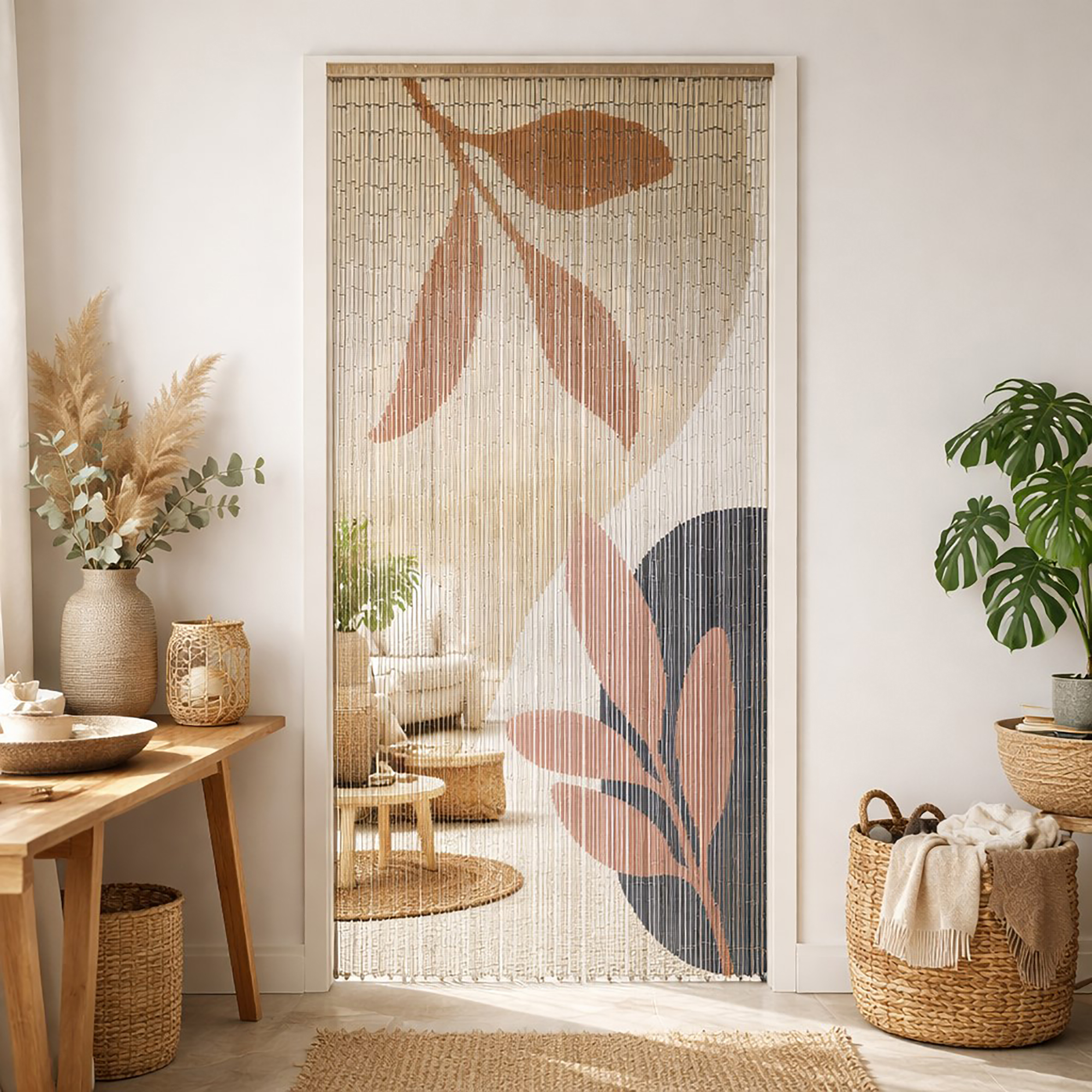 Bamboo beaded door curtain with autumn leaf print in a bright natural entryway