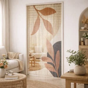 Printed bamboo door curtain with leaf design viewed at an angle in a cozy living space