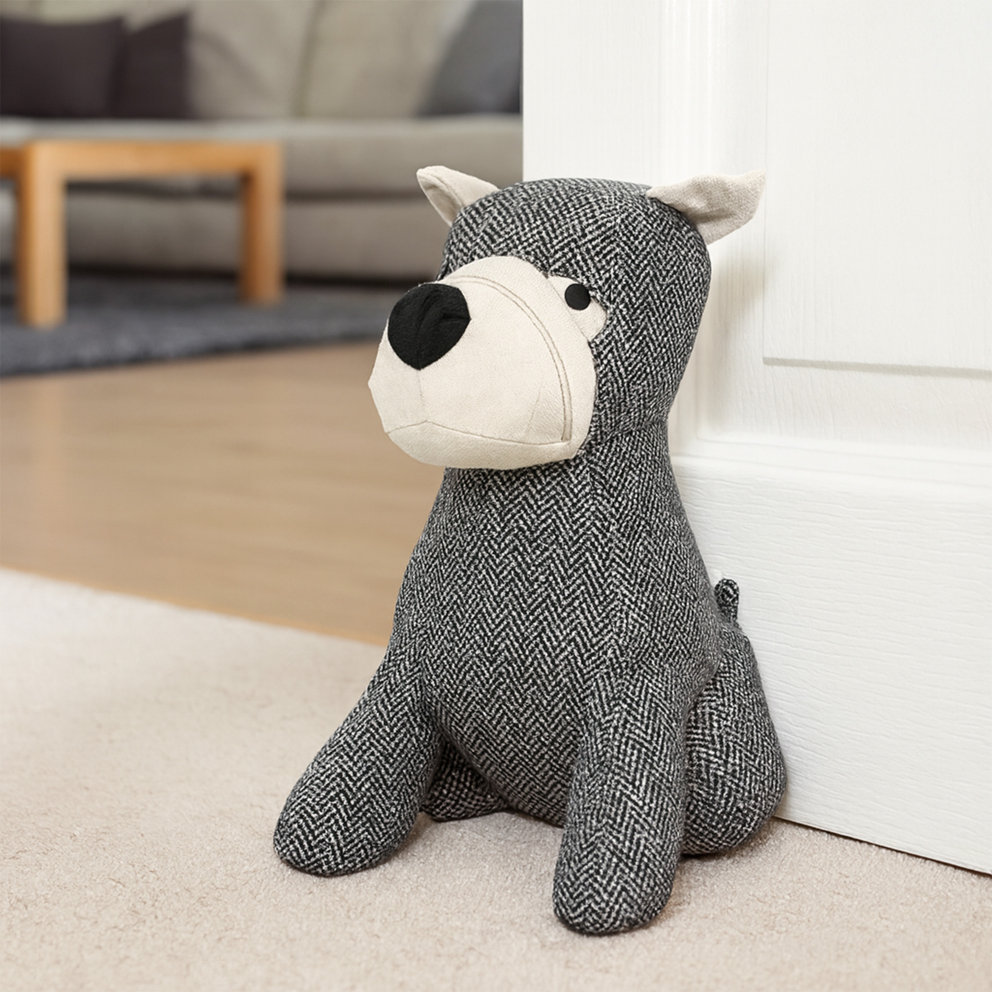 decorative door stopper, puppy shape, black and white herringbone fabric