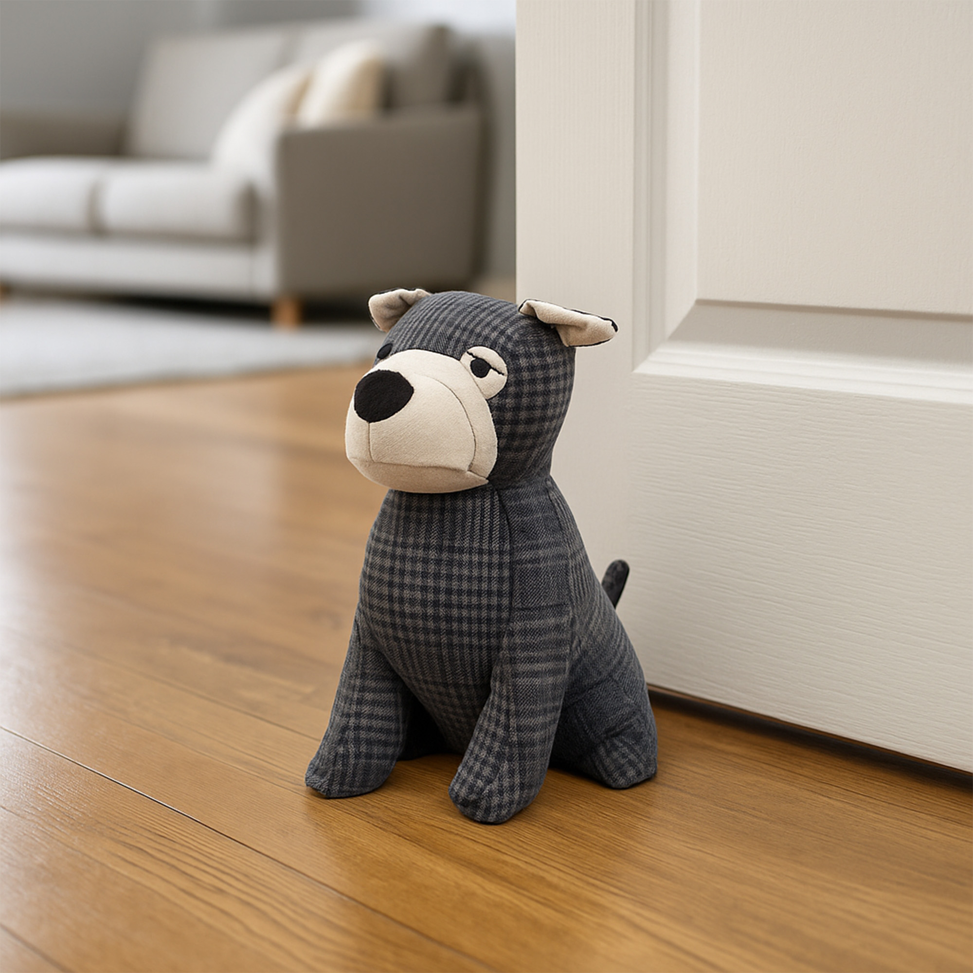 decorative door stopper, puppy shape, gray tartan fabric