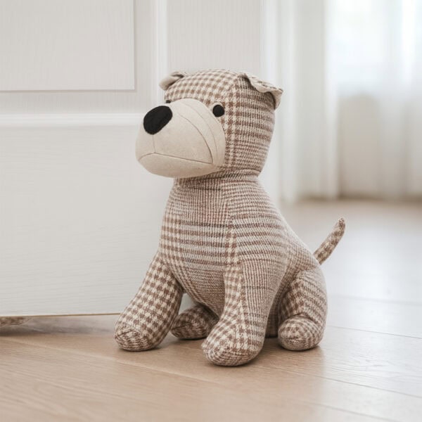 decorative door stopper, puppy shape, beige tartan fabric