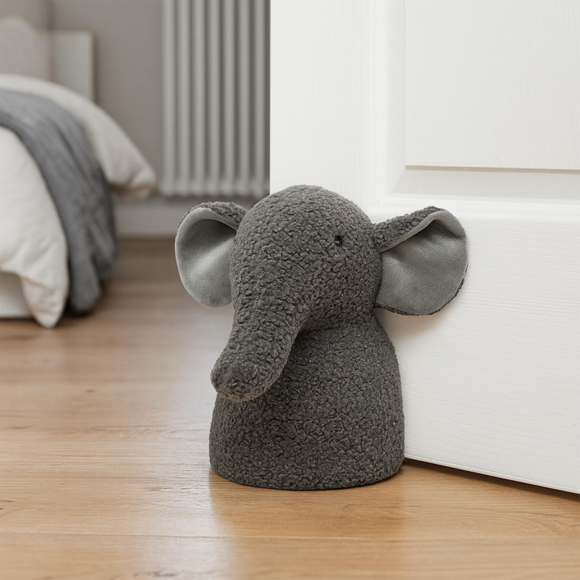 decorative door stopper, elephant shape, gray curly fabric