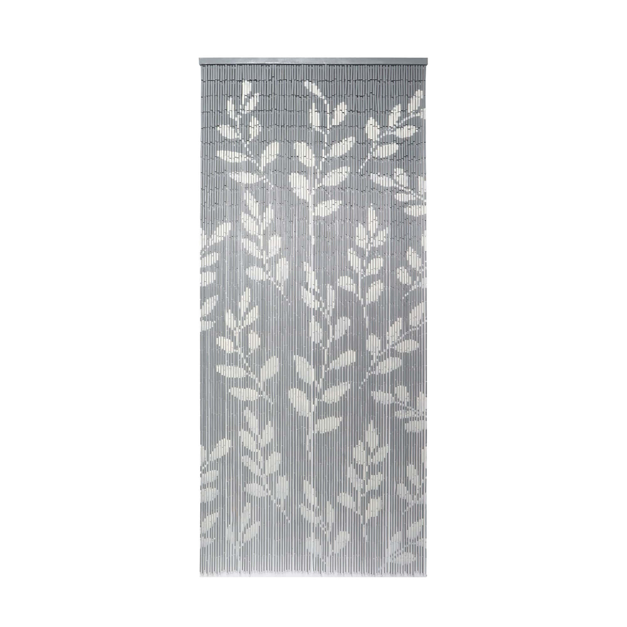 picture of a decorative bamboo door curtain with foliage design in white and gray colors
