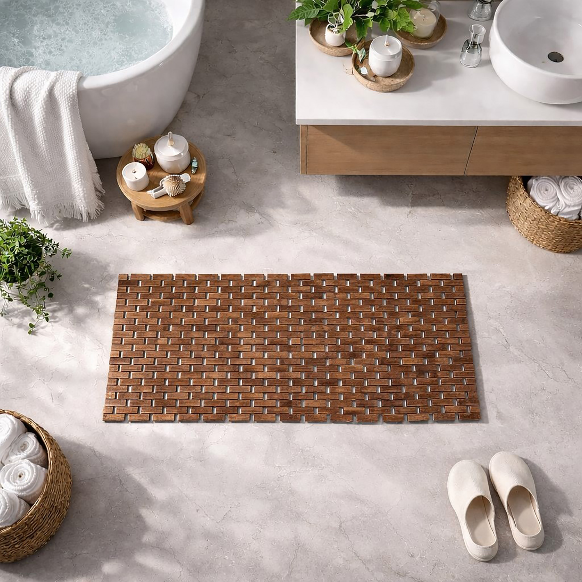 Bamboo bath mat with brick-weave pattern on bathroom floor near white bathtub and vanity