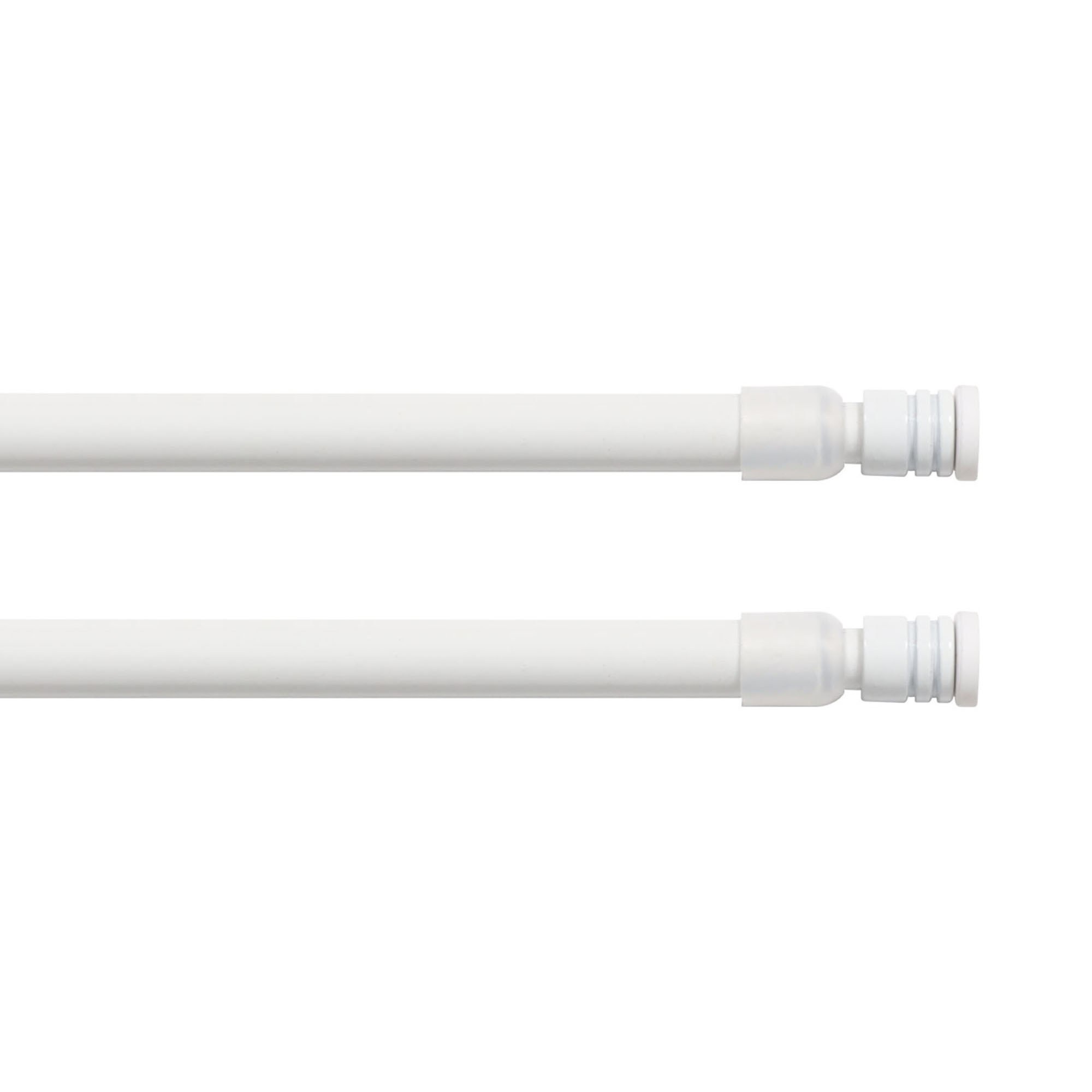 White adjustable tension curtain rod set of 2 with ringed end cap on a white background