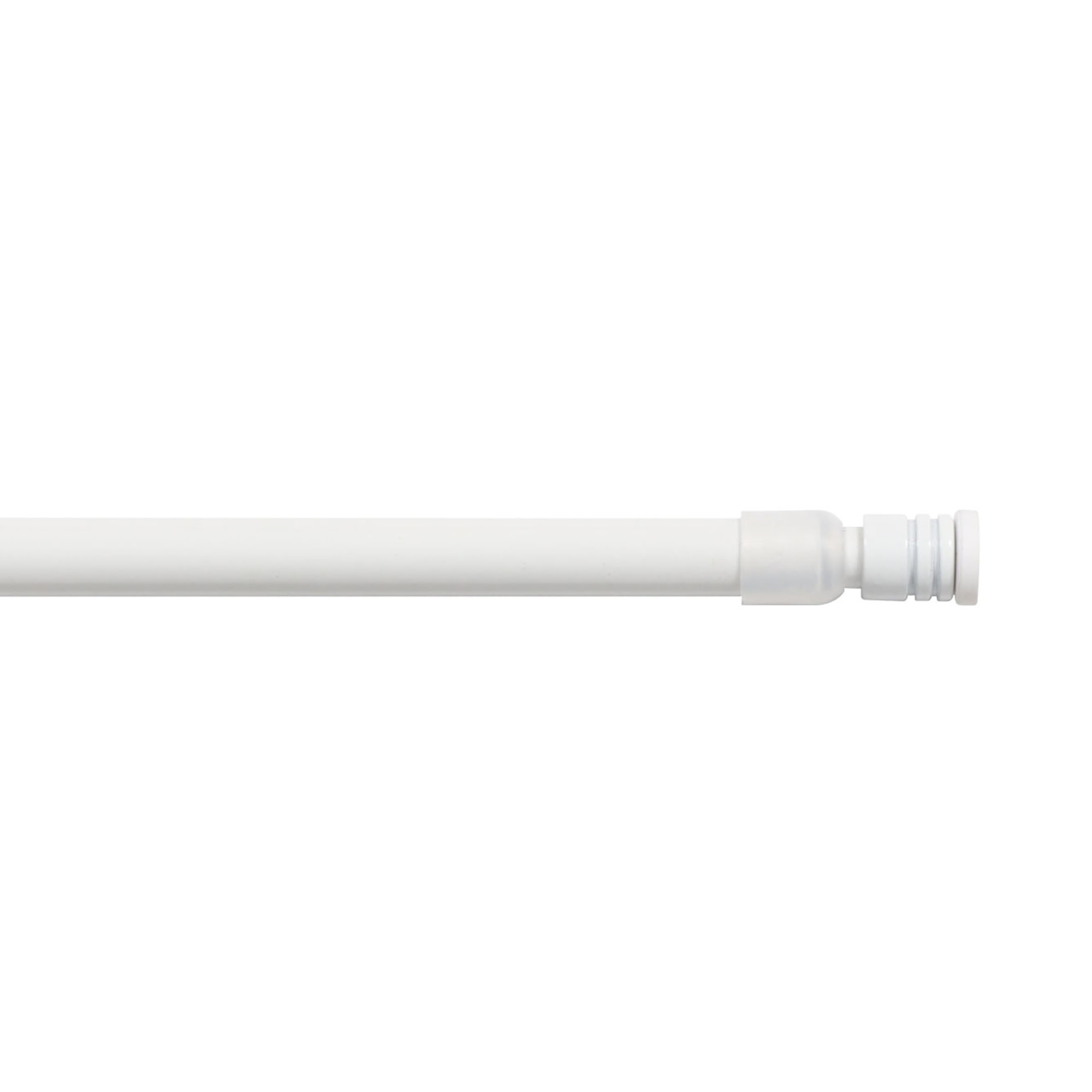 White adjustable tension curtain rod with ringed end cap on a white background