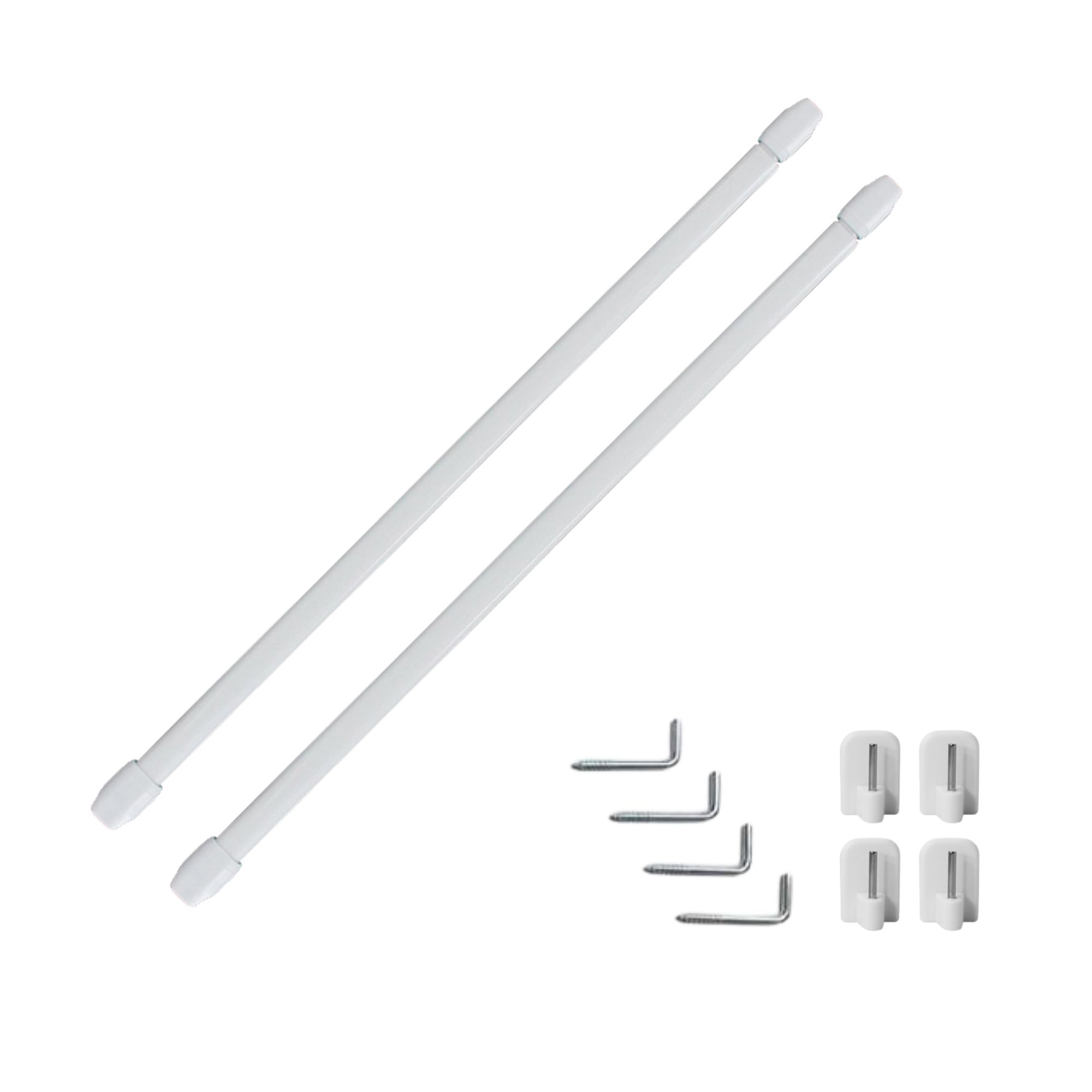 Two white tension voile curtain rods with adhesive and metal hooks on white background