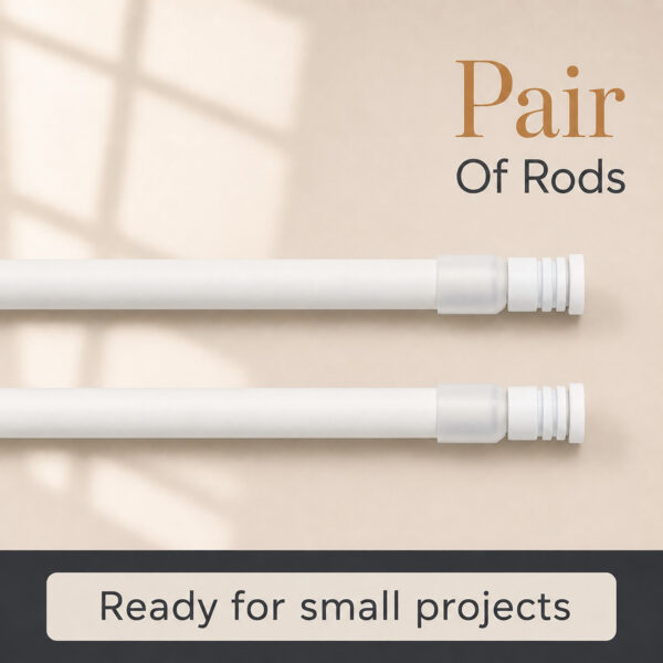 Two matching white tension curtain rods shown side by side, labeled a pair of rods ready for small projects