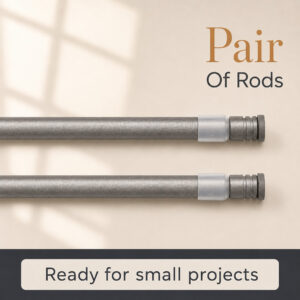 Two matching graphite tension curtain rods shown side by side, labeled a pair of rods ready for small projects