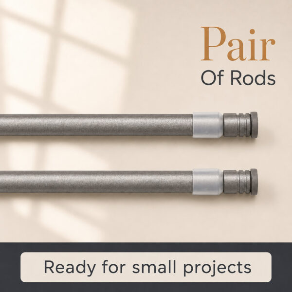 Two matching graphite tension curtain rods shown side by side, labeled a pair of rods ready for small projects