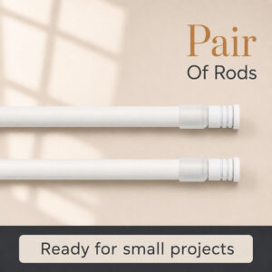 Two matching white tension curtain rods shown side by side, labeled a pair of rods ready for small projects