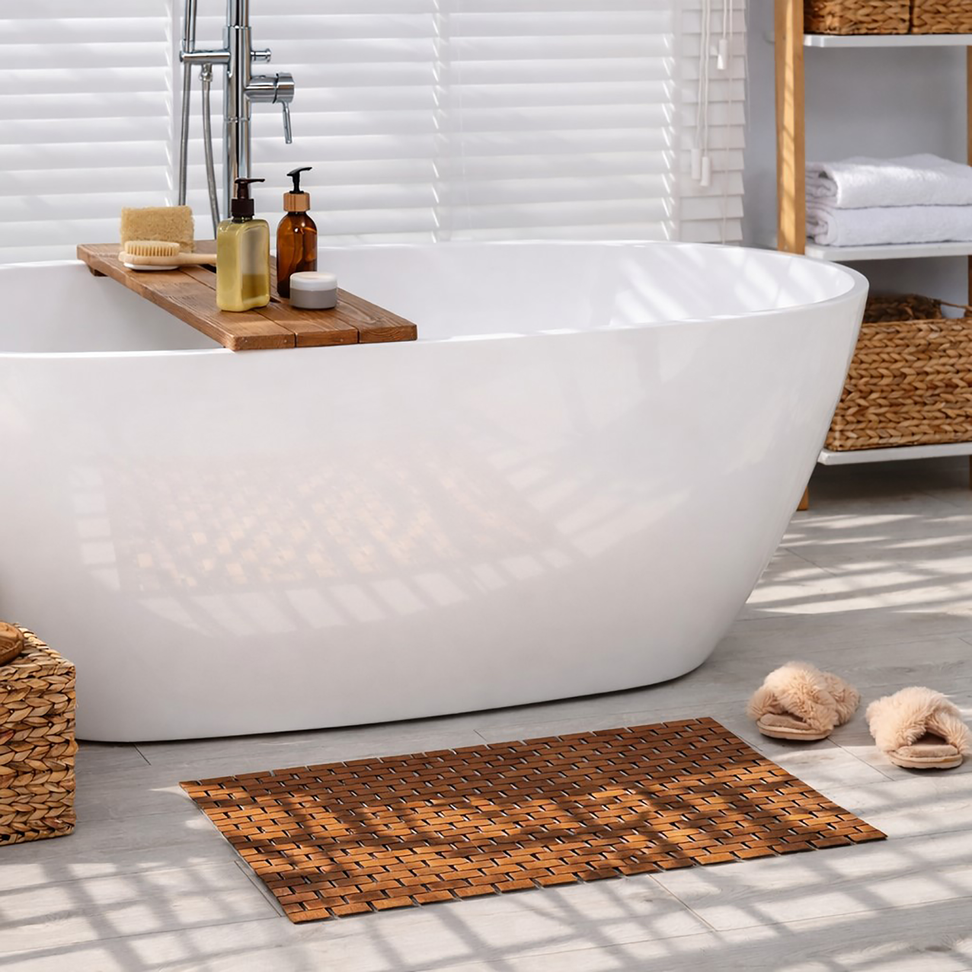 Bamboo bath mat on bathroom floor, in front of a bathtub