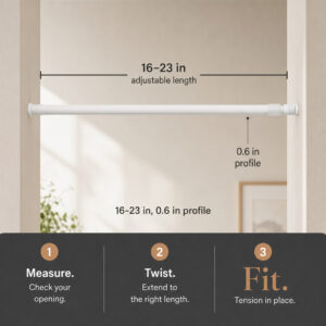 Diagram of the curtain rod showing 16 to 23 inch adjustable length and 0.6 inch profile, with measure, twist, and fit steps