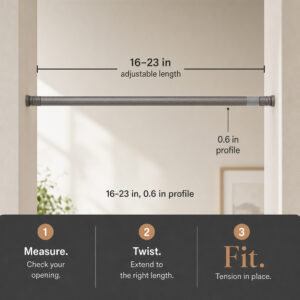 Diagram of the curtain rod showing 16 to 23 inch adjustable length and 0.6 inch profile, with measure, twist, and fit steps