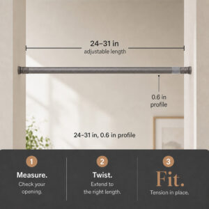 Diagram of the curtain rod showing 24 to 31 inch adjustable length and 0.6 inch profile, with measure, twist, and fit steps