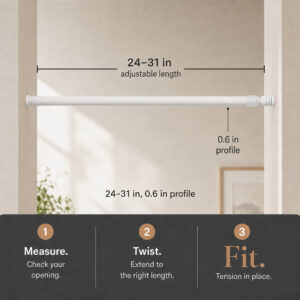 Diagram of the curtain rod showing 24 to 31 inch adjustable length and 0.6 inch profile, with measure, twist, and fit steps
