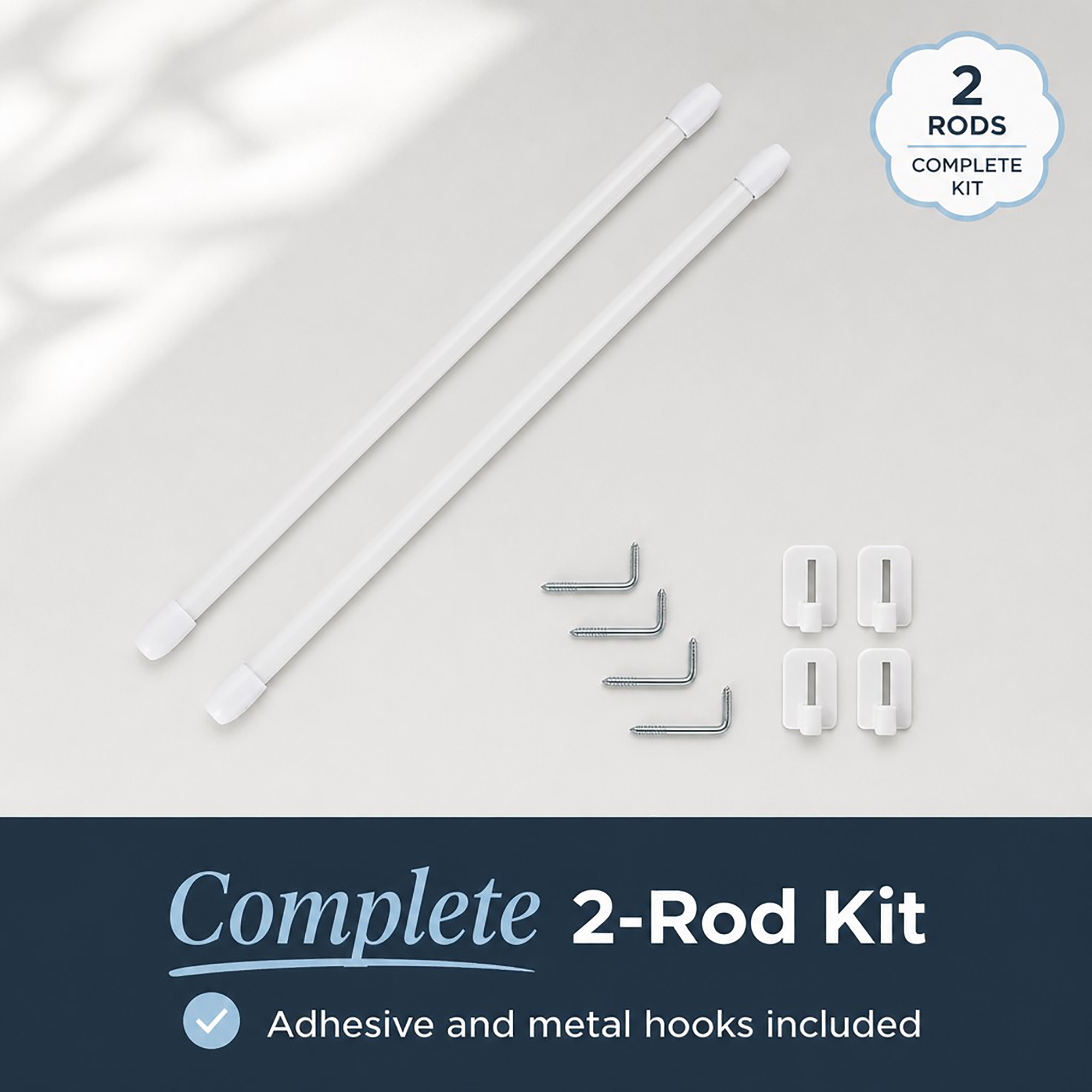 Complete 2-rod kit with self-adhesive brackets and metal L-hooks included
