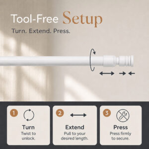 Tool-free setup of the tension rod in three steps: turn, extend, press